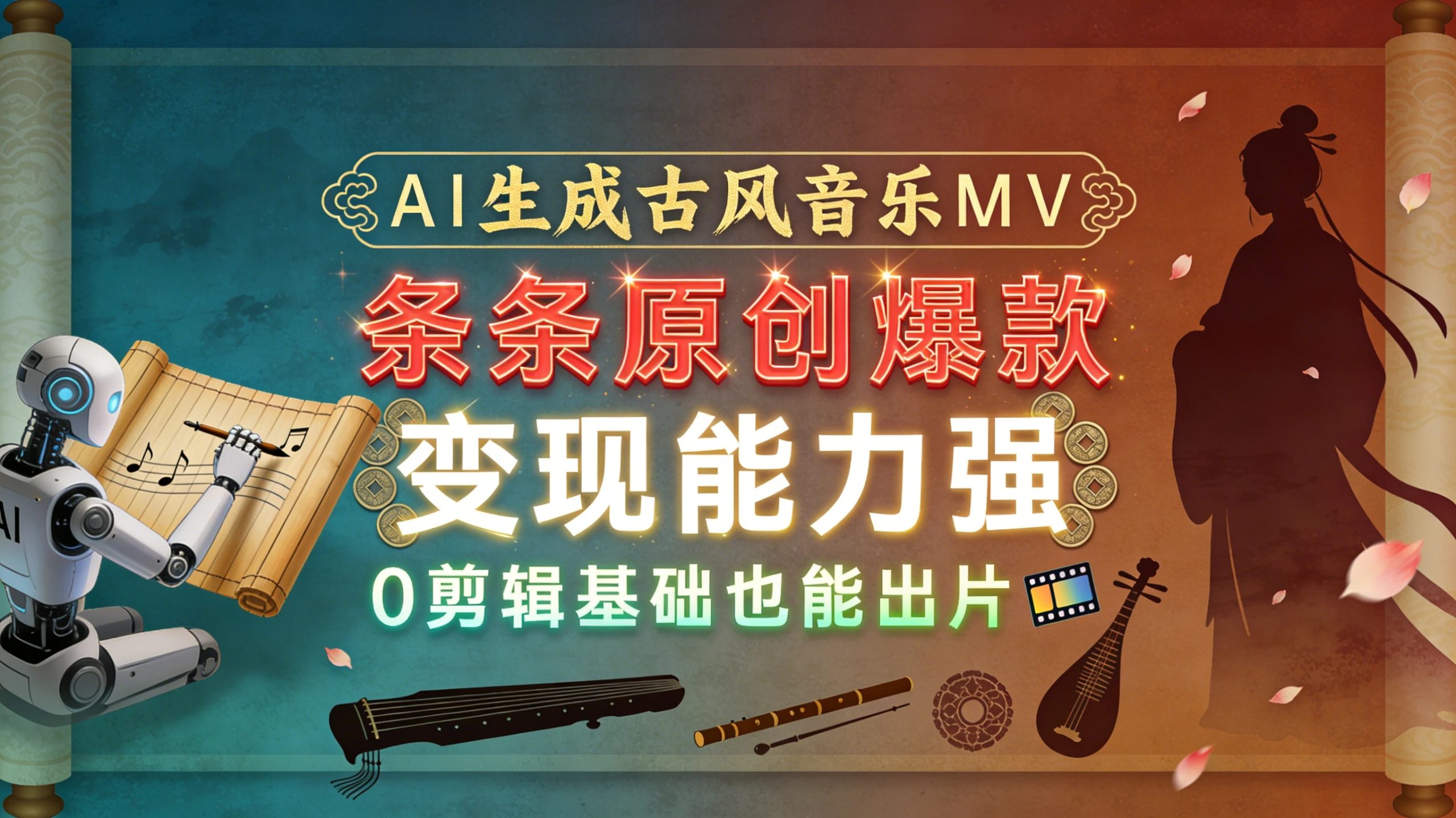 AI 生成古风音乐 MV，条条原创爆款，变现能力强，0 剪辑基础也能出片